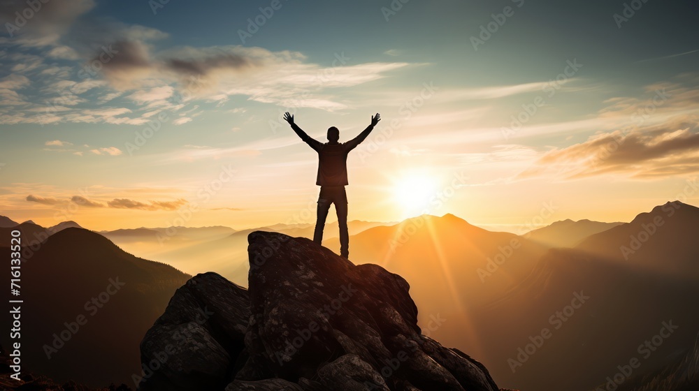 Happy man raising his arms jumping to the top of the mountain, successful businessman celebrating success on the cliff, business success concept silhouette backlit.