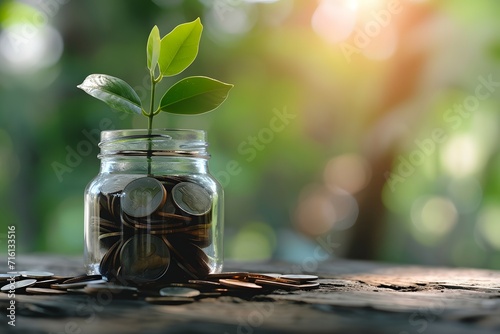 An image depicting a young plant growing from a jar of coins