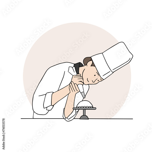 An illustration of a young female patissier making a cake in the kitchen wearing a uniform and a sanitary hat. A hand-drawn vector illustration