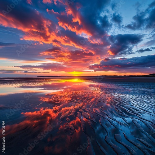 A stunning image of a vibrant sunset with clouds reflected on the wet sand during low tide