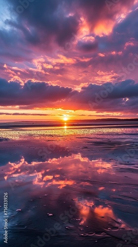 A stunning image of a vibrant sunset with clouds reflected on the wet sand during low tide
