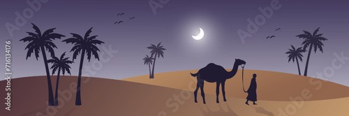 arabesque web horizontal banner  silhouette camel and palm tree  beautiful moonlight  night view in desert area  islamic background template vector
