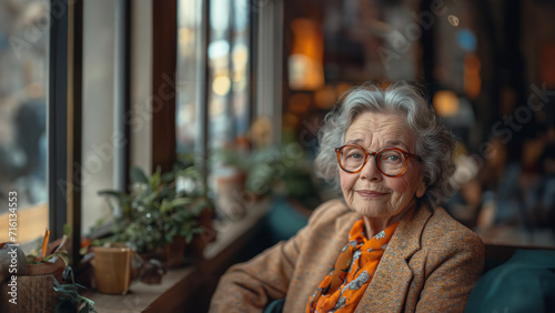 senior woman is sitting in a cafe