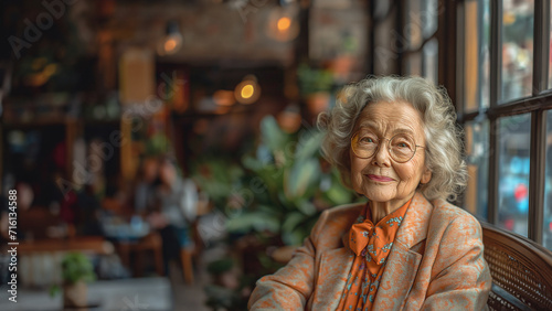 senior woman is sitting in a cafe © AkI