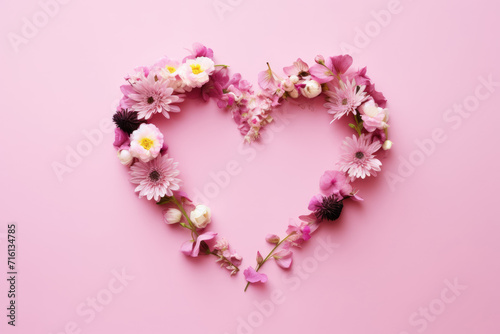 Creative layout with pink flowers, paper heart over punchy pastel background. Top view, flat lay. Spring, summer or garden concept. Present for Woman day