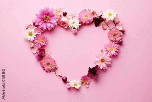 Creative layout with pink flowers, paper heart over punchy pastel background. Top view, flat lay. Spring, summer or garden concept. Present for Woman day