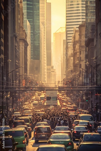 Bustling city street filled with professionals during the early morning rush hour commute to the business district, Generative AI © Shooting Star Std