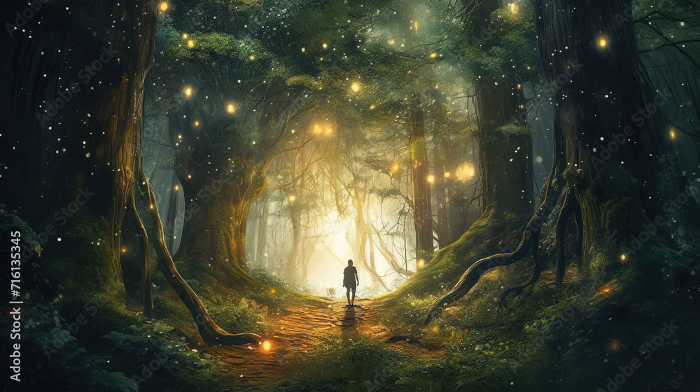 Person walking along the path through the dark enchanted forest towards the light. Magical landscape with glowing lights and sparkles, old trees with strong roots. Energy of nature.