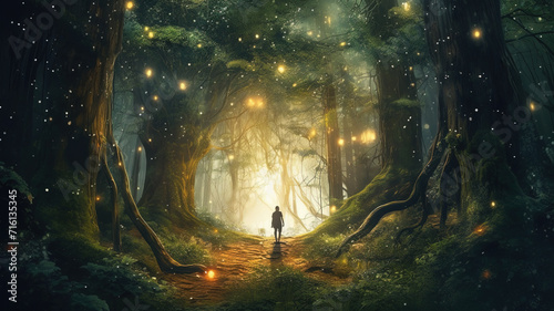 Person walking along the path through the dark enchanted forest towards the light. Magical landscape with glowing lights and sparkles, old trees with strong roots. Energy of nature.