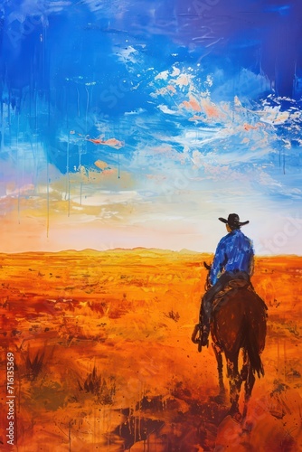 Blend of impressionism, surrealism, and pop art in a painting featuring a lone cowboy riding through a vast desert landscape © Matthew