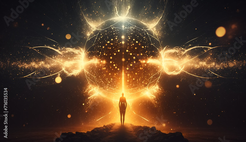 Silhouette of a person standing in front of a sparkling, glowing sphere of golden light. Mystical experience, portal to another dimension, afterlife, spiritual practice.