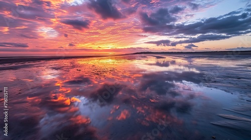 A stunning image of a vibrant sunset with clouds reflected on the wet sand during low tide