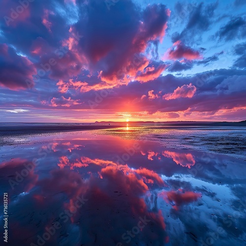 A stunning image of a vibrant sunset with clouds reflected on the wet sand during low tide