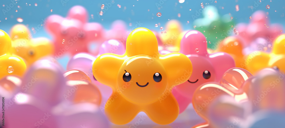 Whimsical Inflatable World: Cute Translucent Blow-Up Flower Stars and Bubbles in a Minimal Rubber Toy Setting yellow star with cute face bubbly star bubbly yellow star adorable star balloon