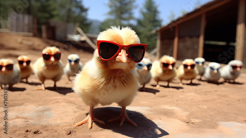 cool baby chick wearing sunglasses outside at the farm 