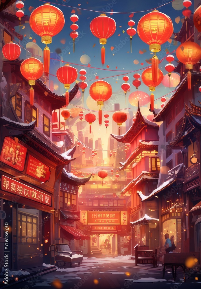 chinese new year, vector, volumetric lights, poster