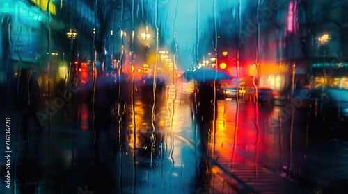 A rainy city night is artfully captured in this blurred photography using a slow shutter speed. Silhouettes lit by neon lights contribute to the mesmerizing and blurred atmosphere. 