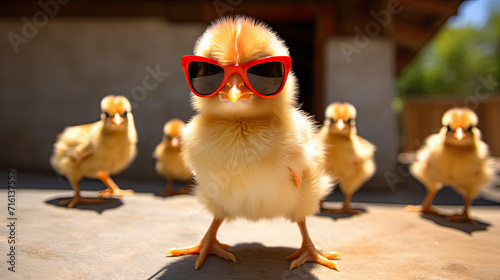 cool baby chick wearing sunglasses outside at the farm 