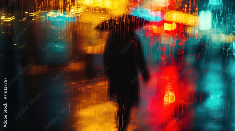 Blurred photography capturing a rainy night in the city. Utilizing a slow shutter speed, the scene features silhouettes adorned with neon lights, creating a mesmerizing and blurred ambiance Blurred photography capturing a rainy night in the city. Utilizing a slow shutter speed, the scene features silhouettes adorned with neon lights, creating a mesmerizing and blurred ambiance
