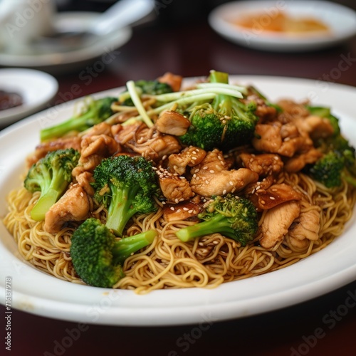 chicken and broccoli with pan fried noodle 