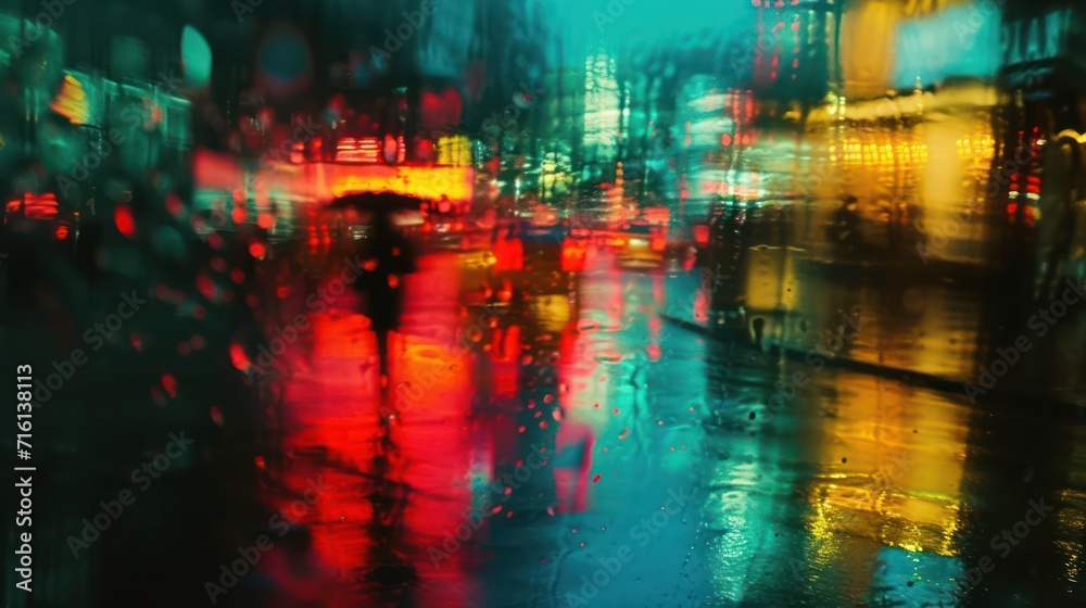 Blurred photography capturing a rainy night in the city. Utilizing a slow shutter speed, the scene features silhouettes adorned with neon lights, creating a mesmerizing and blurred ambiance Blurred photography capturing a rainy night in the city. Utilizing a slow shutter speed, the scene features silhouettes adorned with neon lights, creating a mesmerizing and blurred ambiance