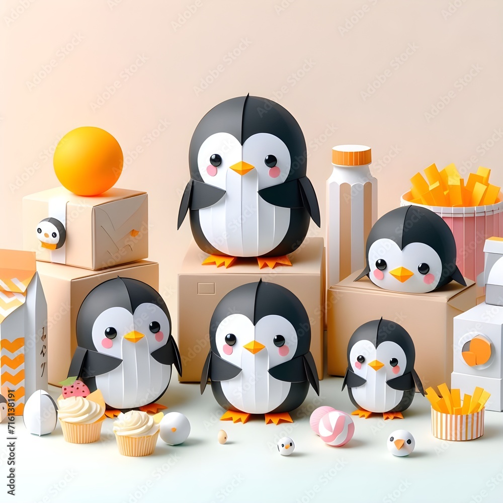 Fototapeta premium The cute and lovely Penguins paper art, craft, surrealism, 3D digital art, simple background. Generative AI.