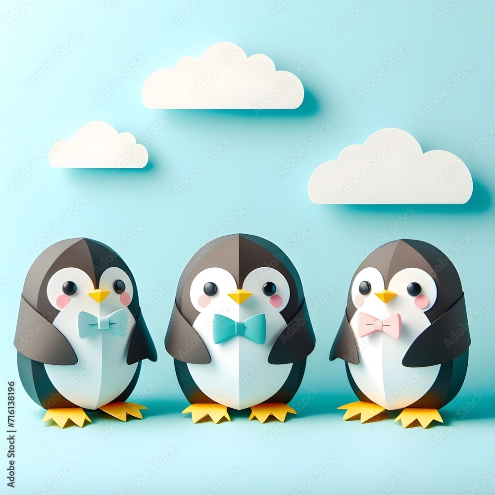 Fototapeta premium The cute and lovely Penguins paper art, craft, surrealism, 3D digital art, simple background. Generative AI.