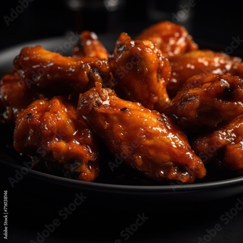 close up of a plate of barbecue chicken wings on a black background
