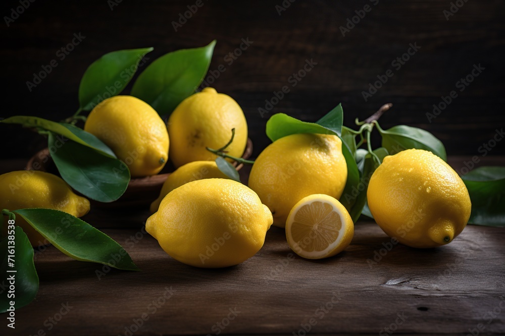 Fresh lemons with leaves on a wooden background. Toned.