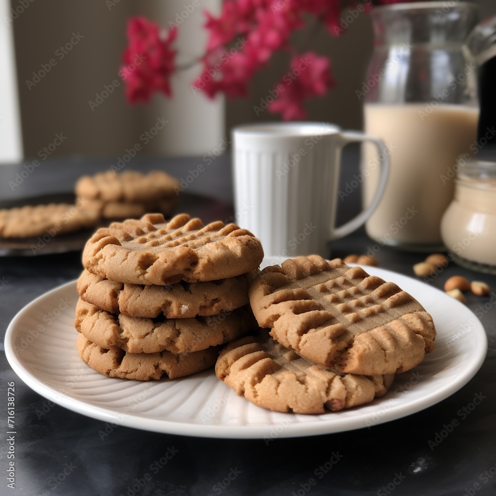 peanut butter cookies on a white plate with a cup of coffee and milk peanut butter cookies on a white plate with a cup of coffee and milk