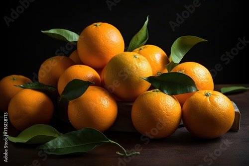 Tangerine Oranges with leaves on a wooden board on a black background.