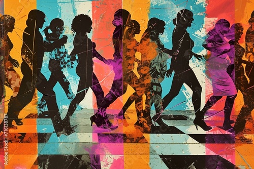 70s Disco Revival: Colorful Dancers on Monochrome Floor