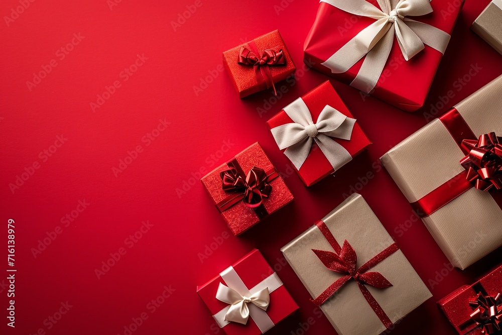 Top view photo of Saint Valentine`s day decorations presents gift boxes on isolated red background with copy space. Top view photo of Saint Valentine`s day decorations presents gift boxes on isolated red background with copy space.
