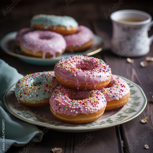 Homemade donuts with pink glaze and sprinkles, selective focus