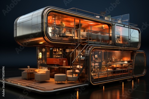 Futuristic Container Bar, on an isolated Chrome Silver background, Generative AI photo
