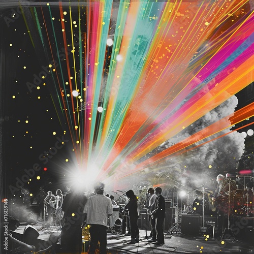 Psychedelic 70s Concert: Light Beams on Classic Scene