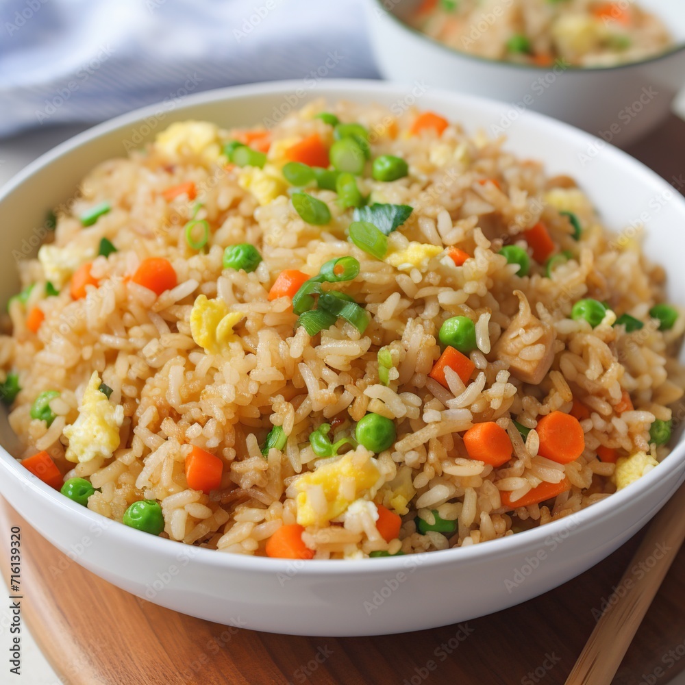 Fried rice with green peas, carrot and egg in a bowl