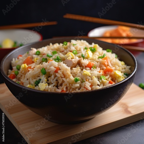 Chinese fried rice with chicken and vegetables in a bowl on a dark background