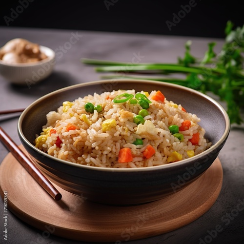 Asian cuisine. Fried rice with vegetables in bowl on black background.