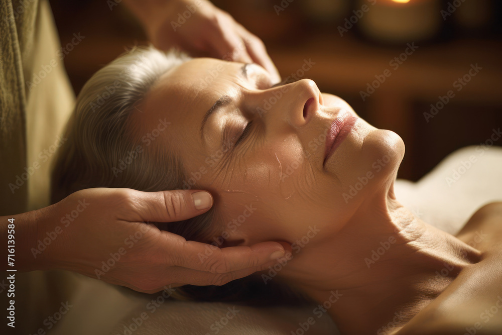 beautiful gray-haired woman getting facial massage. reducing stress, weekend, holiday beautiful gray-haired woman getting facial massage. reducing stress, weekend, holiday