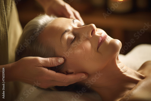 beautiful gray-haired woman getting facial massage. reducing stress, weekend, holiday