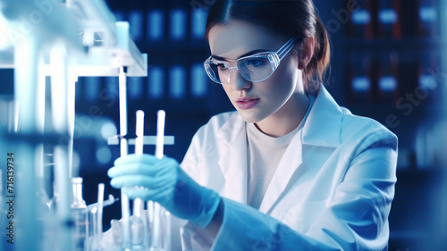 Medical Research Laboratory: Portrait of a Beautiful Female Scientist in Goggles Using Micro Pipette for Test Analysis. Advanced Scientific Lab for Medicine, Biotechnology, Microbiology Development