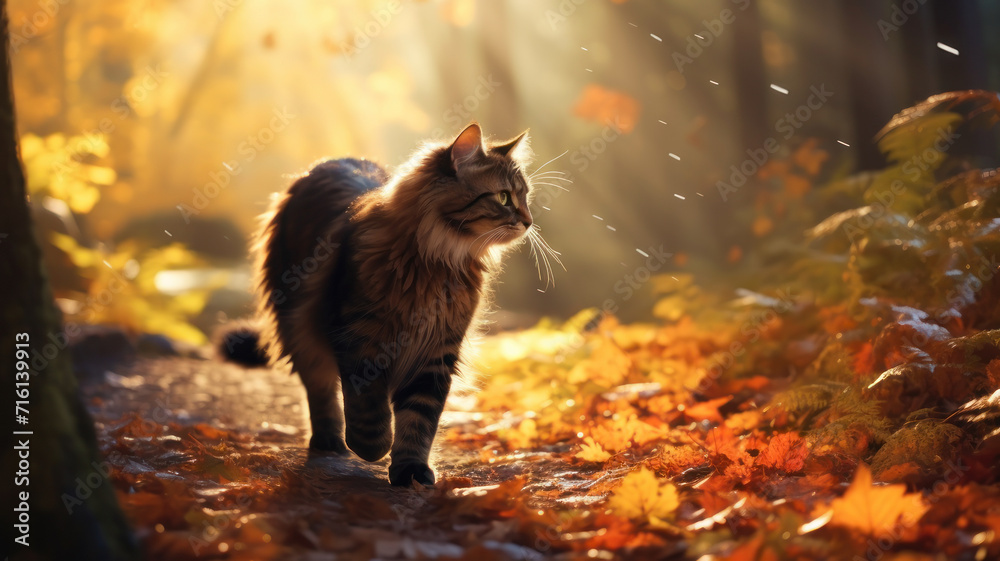 realistic cat with bushy tail and black ears, walking on a dirt path through a forest with tall trees and colorful leaves, with rays of sunlight and mist creating magical atmosphere