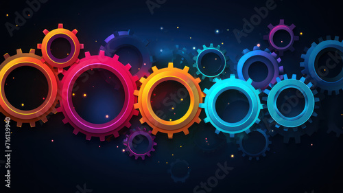 Abstract techno gear background with geometric colorful gear wheels. Space for gear text. Vector gears modern mechanism industrial . Technology gears photo