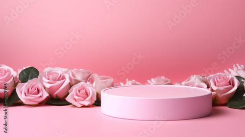 Blank podium with pink roses on pink background. Showcase for product, perfume, jewelry and cosmetic presentation © wiparat