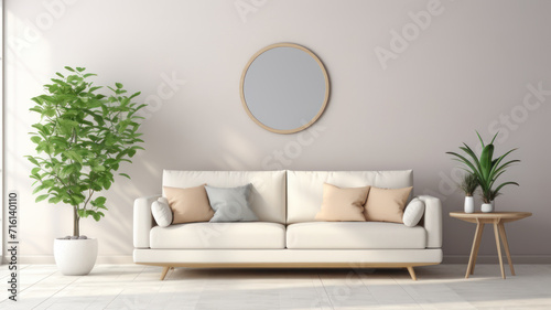 Interior of light living room with comfortable sofa, houseplants and mirror near light wall © wiparat