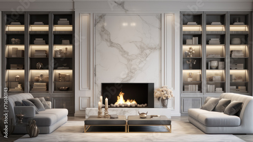 living room, marble wall fireplace and stylish bookcase to the ceiling in a chic expensive interior of a luxurious country house  a modern design wood and led light, gray furniturу photo
