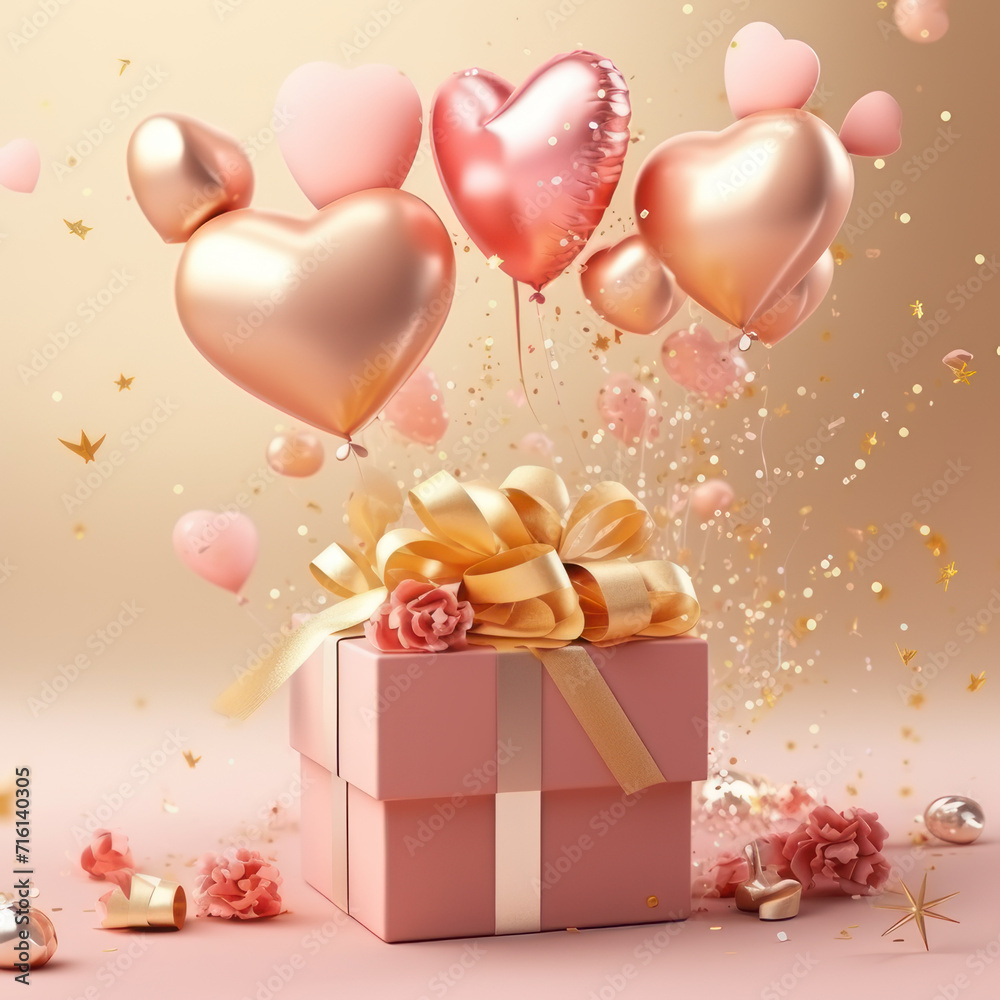 Romantic creative composition. Happy Valentine's Realistic 3d festive decorative objects, heart shaped balloons symbol, falling gift box, glitter
