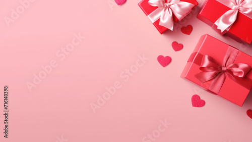 Top view photo of trendy gift boxes with ribbon bows and red rose on isolated pastel color background