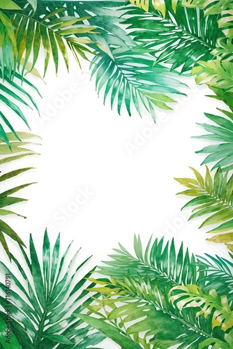 green palm leaves forming a frame around a blank white space. It exudes a tropical vibe, with vibrant shades of green. The central area can be used for text or highlighting a subject. background